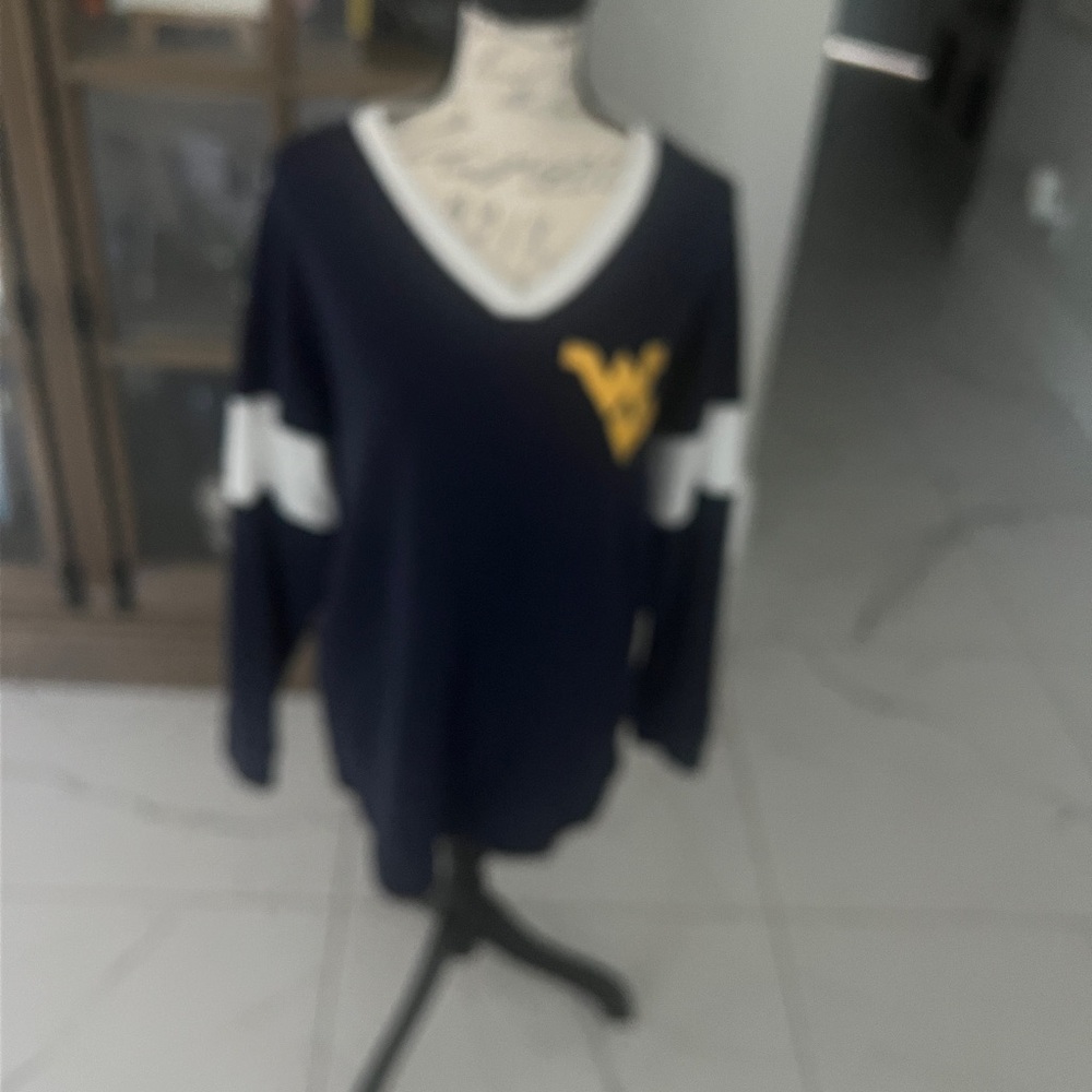 WV Women's Navy and White V-Neck Sweater